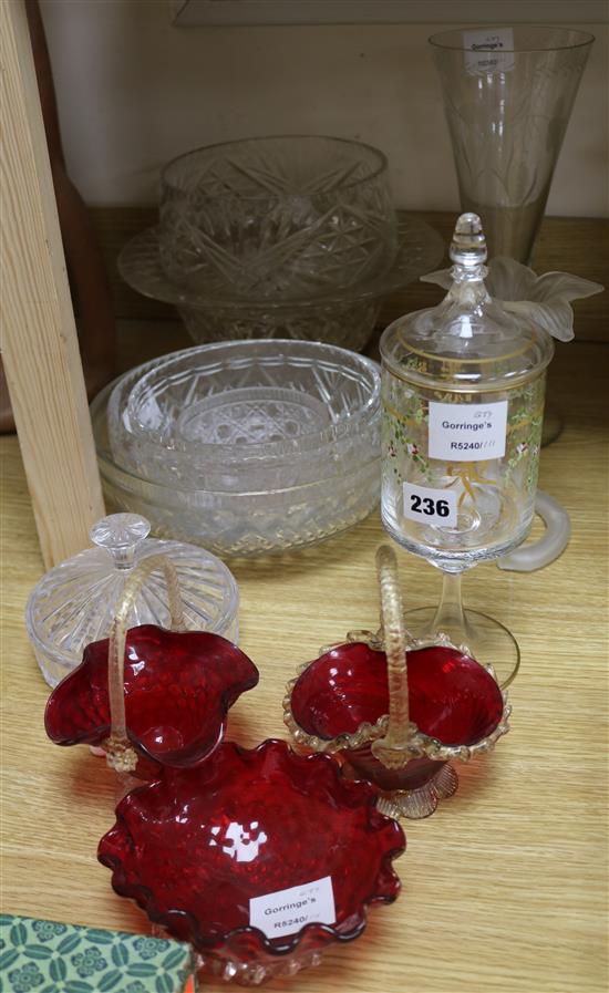 A collection of cut and moulded glass fruit bowls, vases, etc.